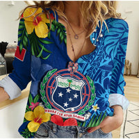 Samoa Women Casual Shirt Coat Of Arms Mix Tropical Flowers LT14 Female Blue - Polynesian Pride