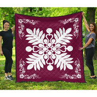 Hawaiian Quilt Maui Plant And Hibiscus Premium Quilt - White Burgundy - AH White - Polynesian Pride