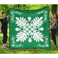 Hawaiian Quilt Maui Plant And Hibiscus Premium Quilt - White Green - AH White - Polynesian Pride