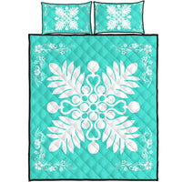 Hawaiian Quilt Maui Plant And Hibiscus Pattern Quilt Bed Set - White Turquoise - AH White - Polynesian Pride