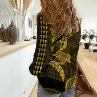 Hawaii Women Casual Shirt Shark and Turtle Mix Kakau Gold LT9 - Polynesian Pride