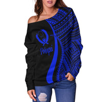 Pohnpei Women's Off Shoulder Sweater - Blue Polynesian Tentacle Tribal Pattern - Polynesian Pride