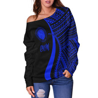 Northern Mariana Islands Women's Off Shoulder Sweater - Blue Polynesian Tentacle Tribal Pattern - Polynesian Pride