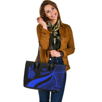 New Caledonia Large Leather Tote Bag - Blue Polynesian Tentacle Tribal Pattern Crest - Polynesian Pride