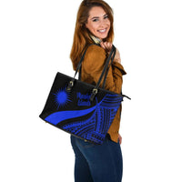 Marshall Islands Large Leather Tote Bag - Blue Polynesian Tentacle Tribal Pattern - Polynesian Pride