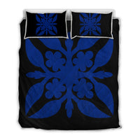 Hawaiian Royal Pattern Quilt Bed Set - Black And Blue - G1 Style - AH Blue - Polynesian Pride