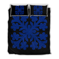 Hawaiian Royal Pattern Quilt Bed Set - Black And Blue - E1 Style - AH Blue - Polynesian Pride