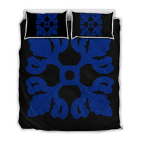 Hawaiian Royal Pattern Quilt Bed Set - Black And Blue - M1 Style - AH Blue - Polynesian Pride