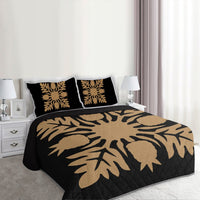 Hawaiian Royal Pattern Quilt Bed Set - Black And Gold - N1 Style - AH - Polynesian Pride