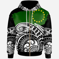Cook Islands Custom Zip Hoodie Ethnic Style With Round Black White Pattern Unisex Black - Polynesian Pride