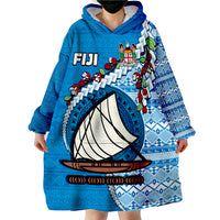 (Custom Personalised) Fiji Fijian Drua Mix Tagimaucia Flower Blue Style Wearable Blanket Hoodie LT14 - Polynesian Pride