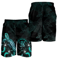 Niue Polynesian Men's Shorts - Turtle With Blooming Hibiscus Turquoise - Polynesian Pride