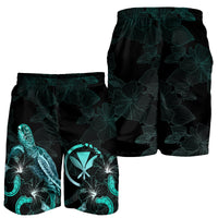 Hawaii Polynesian Men's Shorts - Turtle With Blooming Hibiscus Turquoise - Polynesian Pride