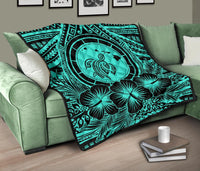 Hawaii Premium Quilt - Hawaii Map Honu Hibiscus Turquoise Polynesian Premium Quilt - Polynesian Pride