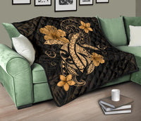 Hawaii Turtle Flower Polynesian Premium Quilt - Gold - Polynesian Pride