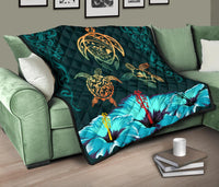 Hawaii Map Turtle Hibiscus Polynesian Luxury Premium Quilt - Honu Ohana - Polynesian Pride