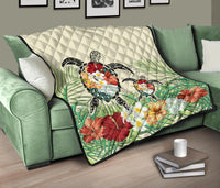 Hawaii Turtle Flowers Coconut Tree Leaf Premium Quilt - Polynesian Pride