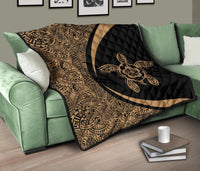 Hawaiian Hibiscus Turtle Polynesian Black Premium Quilt - Circle Style - Polynesian Pride