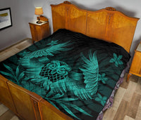 Hawaii Owl Hibiscus Plumeria Premium Quilt - Turquoise - Polynesian Pride