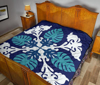 Hawaiian Leaves Tropical Pattern Premium Quilt - Blue - Argu Style - AH - Polynesian Pride