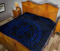 Hawaiian Kakau Honu Arc Blue Polynesian Premium Quilt - Polynesian Pride