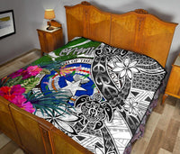 Northern Mariana Islands Premium Quilt White - Turtle Plumeria Banana Leaf - Polynesian Pride