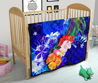 Polynesian Hawaii Custom Personalised Premium Quilt - Humpback Whale with Tropical Flowers (Blue) - Polynesian Pride