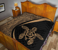 Hawaiian Hibiscus Turtle Polynesian Black Premium Quilt - Circle Style - Polynesian Pride
