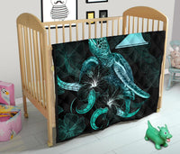 Tokelau Polynesian Premium Quilt - Turtle With Blooming Hibiscus Turquoise - Polynesian Pride