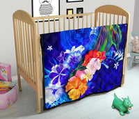 Polynesian Hawaii Premium Quilt - Humpback Whale with Tropical Flowers (Blue) - Polynesian Pride