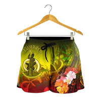 Vanuatu Women's Shorts - Humpback Whale with Tropical Flowers (Yellow) - Polynesian Pride
