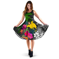 Papua New Guinea Midi Dress - Turtle Plumeria Banana Leaf Women Black - Polynesian Pride