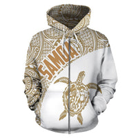 Samoa Polynesian Zip up Hoodie Samoa Turtle Mermaid Polynesian Tattoo White Gold - Polynesian Pride