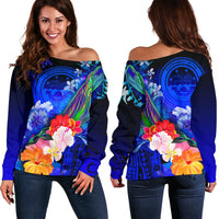 Federated States of Micronesia Women's Off Shoulder Sweater - Humpback Whale with Tropical Flowers (Blue) Blue - Polynesian Pride