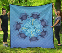 Hawaii Turtle Hibiscus Blue Premium Quilt Blue - Polynesian Pride