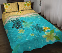 Hawaii Quilt Bed Set - Tiki Face In Turtles And Plumeria On Beach - Polynesian Pride