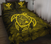Hawaii Turtle Kanaka Map Hibiscus Poly Quilt Bed Set - Yellow - Polynesian Pride