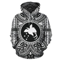 Papua New Guinea 1 ll Over Hoodie Papua New Guinea 1 Coat of rms Polynesian White Black Unisex Black - Polynesian Pride