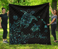 Hawaii Turtle Ohana Paua Shell Premium Quilt Black - Polynesian Pride