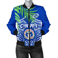Northern Mariana Islands Rugby Women Bomber Jacket Coconut Leaves - CNMI Blue - Polynesian Pride