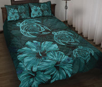 Hawaiian Map Turtle Hibiscus Vintage Polynesian Quilt Bedding Set Turquoise - Polynesian Pride