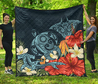 Hawaii Turtle Shark Manta Ray Hibiscus Plumeria Premium Quilt Blue - Polynesian Pride