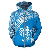 Guam Zip up Hoodie Guam Coat of Arm In Turtle Polynesian Tattoo Blue White - Polynesian Pride