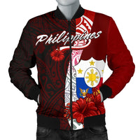 Philippines Polynesian Men's Bomber Jacket - Coat Of Arm With Hibiscus Red - Polynesian Pride