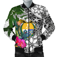 Nauru Men's Bomber Jacket White - Turtle Plumeria Banana Leaf Crest White - Polynesian Pride