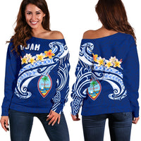 Guam Women's Off Shoulder Sweater - Guam Seal Polynesian Patterns Plumeria (Blue) - Polynesian Pride