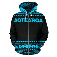 New Zealand Maori Zip up Hoodie, Aotearoa Silver Fern Zipper Hoodie Blue - Polynesian Pride