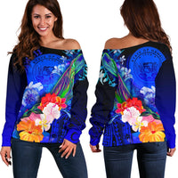 Polynesian Hawaii Women's Off Shoulder Sweater - Humpback Whale with Tropical Flowers (Blue) Blue - Polynesian Pride
