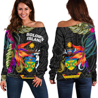 Solomon Islands Women's Off Shoulder Sweater - Polynesian Hibiscus Pattern Black - Polynesian Pride