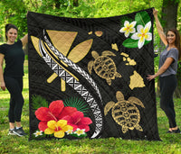 Hawaii Map Turtle Hibiscus Plumeria Polynesian - Premium Quilt AH Gray - Polynesian Pride